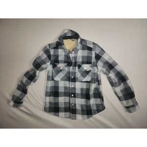 Eddie Bauer Shirt Jacket Boys Size 8 Black Gray Plaid Sherpa Lined Snap